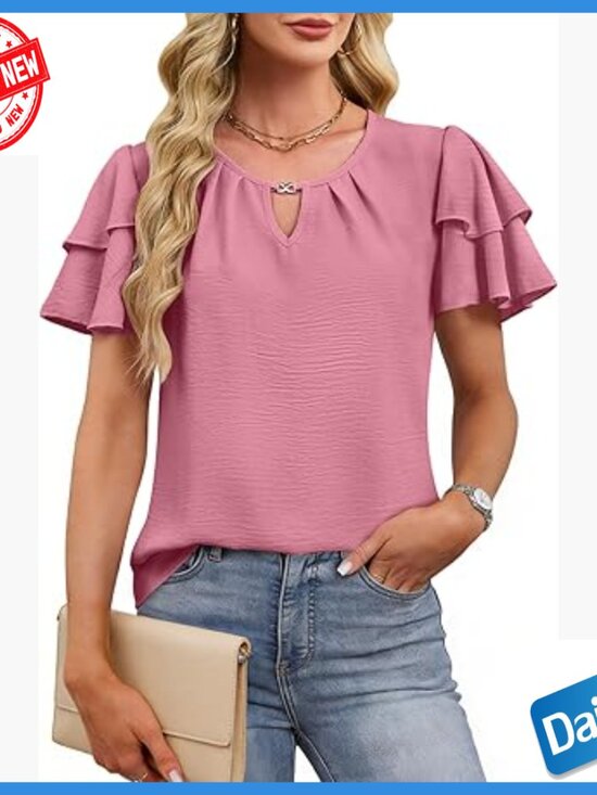 Tops - Textured Ruffle Sleeve V-Neck Blouse, Loose Fit Polyester Top for Work Casual